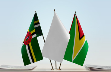 Flags of Dominica and Guyana with a white flag in the middle
