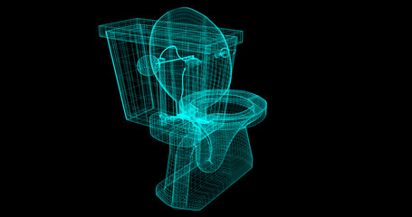 A Wire-Frame of a toilet, 3D rendered with my own design Back View (Right).