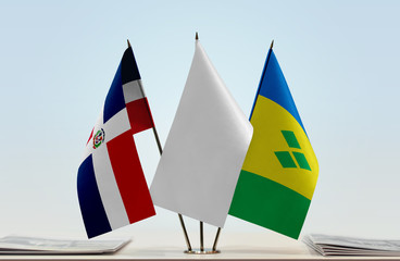 Flags of Dominican Republic and Saint Vincent and the Grenadines with a white flag in the middle