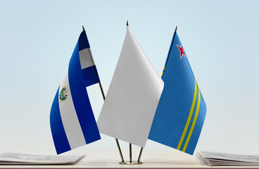 Flags of El Salvador and Aruba with a white flag in the middle