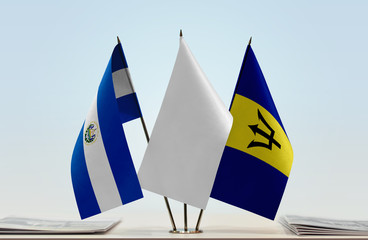Flags of El Salvador and Barbados with a white flag in the middle