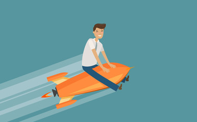 Business, startup concept. Successful businessman flying on high-speed rocket. Cartoon vector illustration