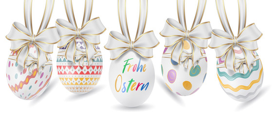 Bunte Ostereier. Frohe Ostern. Easter ornament elements hanging. Happy easter image vector. Modern Easter background with colorful eggs and gold hanging. Template Easter greeting card, vector. 