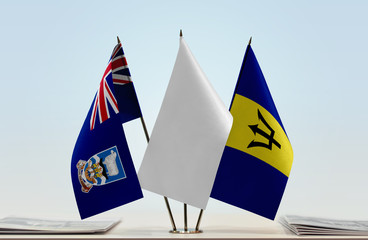 Flags of Falkland Islands and Barbados with a white flag in the middle