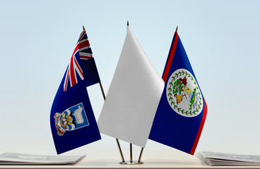 Flags of Falkland Islands and Belize with a white flag in the middle