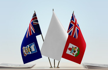 Flags of Falkland Islands and Bermuda with a white flag in the middle