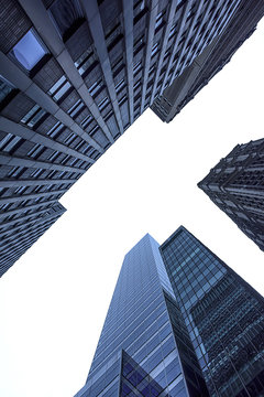 View Of Blue Skyscrapers In Vanishing Point On Black Sky And Diagonal Position 