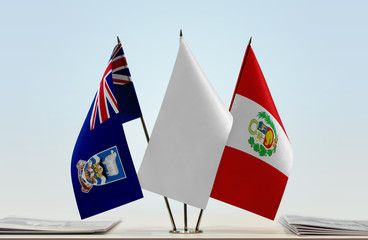 Flags of Falkland Islands and Peru with a white flag in the middle