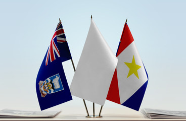 Flags of Falkland Islands and Saba with a white flag in the middle