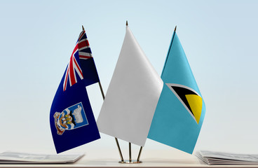 Flags of Falkland Islands and Saint Lucia with a white flag in the middle