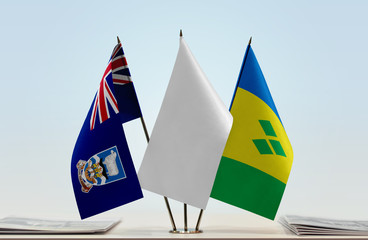 Flags of Falkland Islands and Saint Vincent and the Grenadines with a white flag in the middle