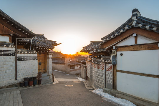 Sunrise in the morning with view of Bukchon Hanok Village in Seo