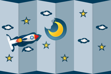 zigzag folding paper design of rocket launch, half moon, clouds and stars in the night as paper art and craft style concept. vector illustrator.