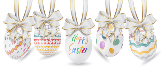 Easter ornament elements hanging. Happy easter image vector. Modern Easter background with colorful eggs and gold hanging. Template Easter greeting card, vector. 