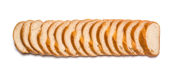 Sliced loaf of wheat bread on white background