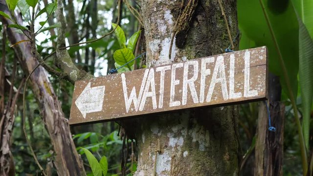 Welcome to Waterfall Wooden Sign in Tropical Rain Forest Jungle. 4K.