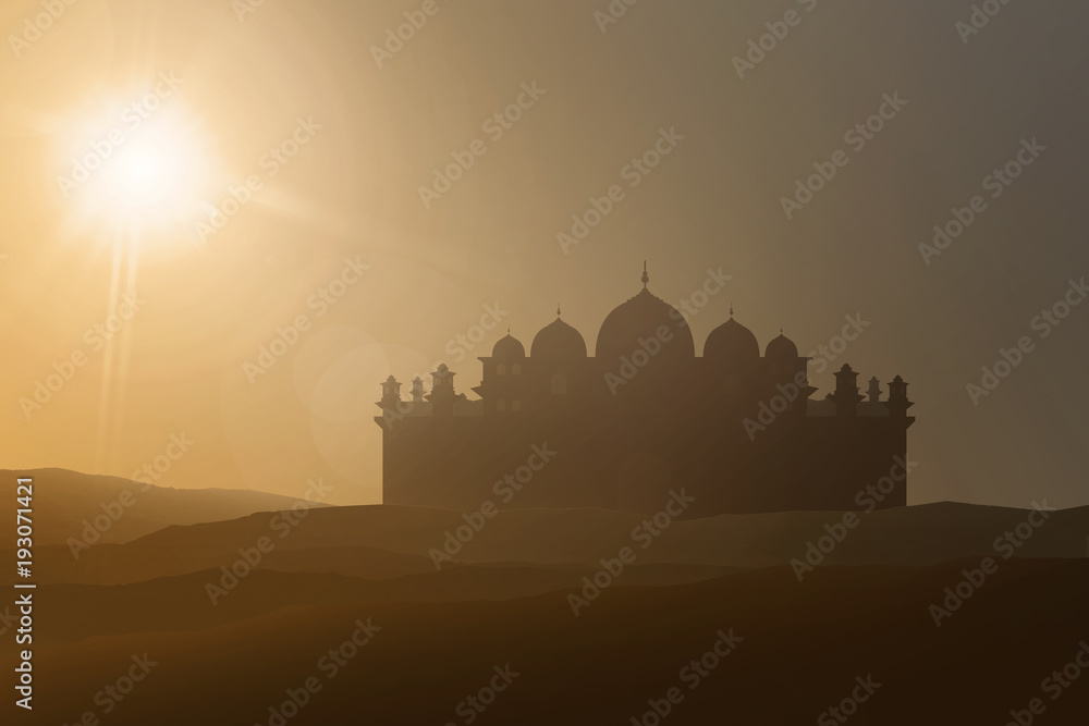 Poster Silhouettes of majestic mosque on desert