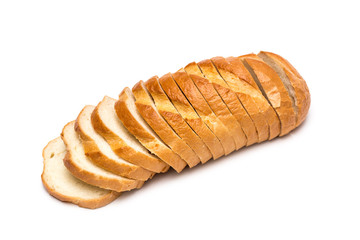 Sliced loaf of wheat bread on white background