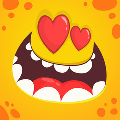 Cartoon monster face in love with a heart shaped eyes. Vector Halloween orange monster avatar for St. Valentine's Day