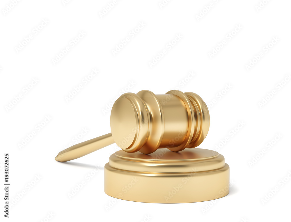 Aufkleber 3d rendering of an isolated judge gavel resting on a sound block on a white background.