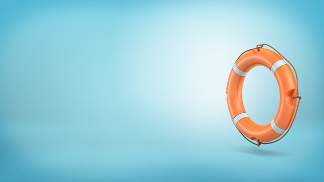 3d rendering of a single orange life buoy with a rope over its sides stands vertically on a blue background.