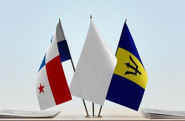Flags of Panama and Barbados with a white flag in the middle