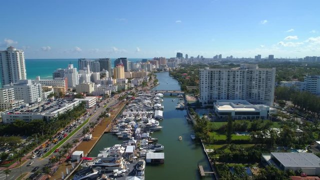 Aerial video Miami Beach boat show Indian Creek 4k