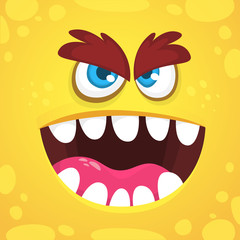 Angry cartoon monster face. Vector Halloween orange monster avatar. Design for print, children book, party decoration