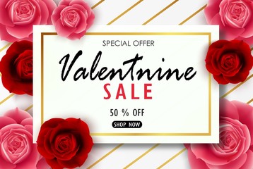 Valentines day sale background with roses flowers and text