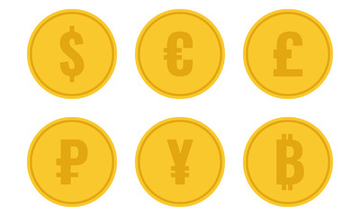 world currencies, round yellow coin, flat style vector illustration