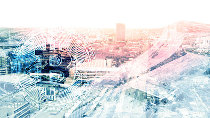 Double exposure of bitcoin in abstract technology and transportation concept with aerial view background