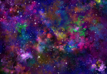 Star field in galaxy space with nebula, abstract watercolor digital art painting for texture background