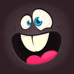 Excited cartoon monster face avatar. Vector Halloween black monster with big mouth. Design for print, children book, party decoration or logo