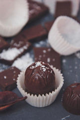 Chocolate Pieces Mix Bar. Sweet Dessert with Coconut Powder. Darck Background. Vertical Image. Toned.