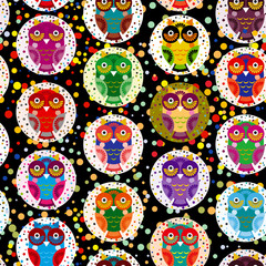seamless pattern bright colorful cute owls on black background, funny birds face with winking eye, bright colors. Vector