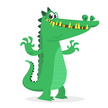 Cute cartoon crocodile. Vector  illustration of a green crocodile waving ahands. Isolated on white