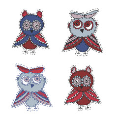 Set Cute characters Cartoon owls and owlets birds sketch doodle dark blue red burgundy  isolated on white background. Vector