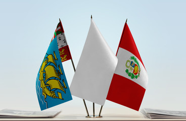 Fototapeta premium Flags of Saint Pierre and Miquelon and Peru with a white flag in the middle