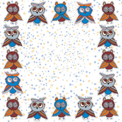 square frame Cute characters Cartoon owls and owlets birds sketch doodle dark blue red burgundy isolated on white polka dot background. Vector