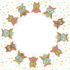 Fototapeta na wymiar Round frame Cute characters Cartoon owls and owlets birds sketch doodle beige orange blue green red isolated on white background. Vector