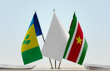 Flags of Saint Vincent and the Grenadines and Suriname with a white flag in the middle