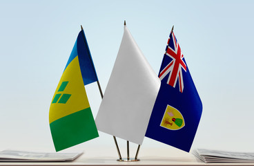 Flags of Saint Vincent and the Grenadines and Turks and Caicos Islands with a white flag in the...