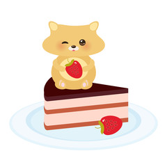 cute kawaii hamster with fresh Strawberry, cake decorated pink cream and chocolate icing, piece of cake on the blue plate, pastel colors on white background. Card design. Vector