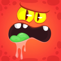 Cool Cartoon Red Monster Face. Vector Halloween Illustration of Angry Monster