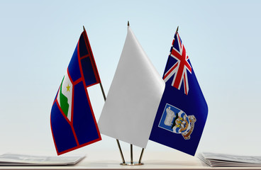 Flags of Sint Eustatius and Falkland Islands with a white flag in the middle