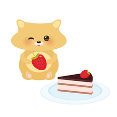 cute kawaii hamster with fresh Strawberry, cake decorated pink cream and chocolate icing, piece of cake on the blue plate, pastel colors on white background. Card design. Vector