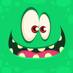 Obraz premium Cool Cartoon Green Monster Face. Vector Halloween illustration of excited monster with a big smile