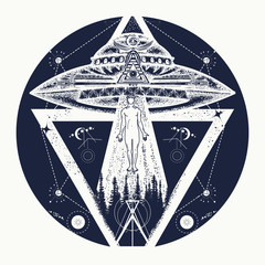 UFO tattoo art and t-shirt design. Invasion of aliens. Mystical symbol paranormal phenomena, first contact, UFO kidnapped tourist from tent in mountains tattoo. Aliens kidnap human © intueri
