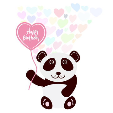 Happy birthday Card design cute kawaii panda with balloon in the shape of heart, pastel colors on white background. Vector