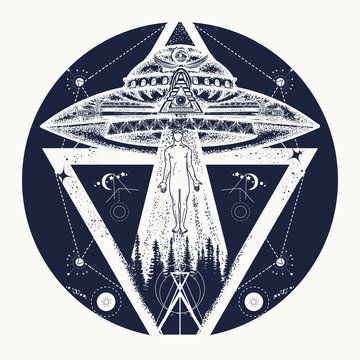 UFO tattoo art and t-shirt design. Invasion of aliens. Mystical symbol paranormal phenomena, first contact, UFO kidnapped tourist from tent in mountains tattoo. Aliens kidnap human